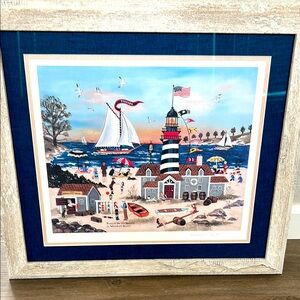 CUSTOM FRAMED OFFSET LITHOGRAPH by JANE WOOSTER  TITLED “BEACON on the BEACH